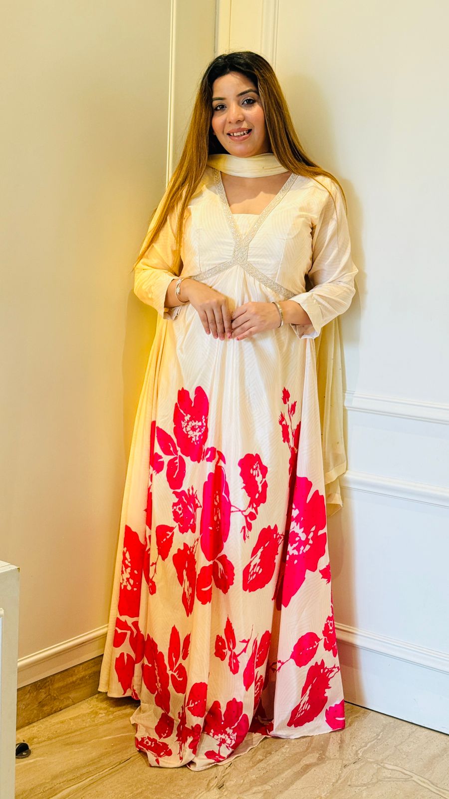 Priti Satin Anarkali- Pink ,Beige, Black